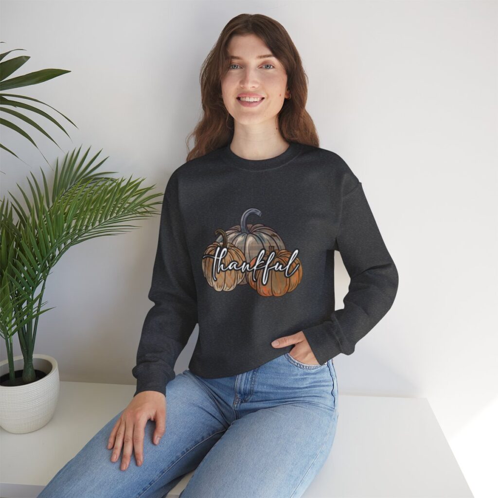 Vintage Pumpkins and Thankful Script Thanksgiving Sweatshirt for Her