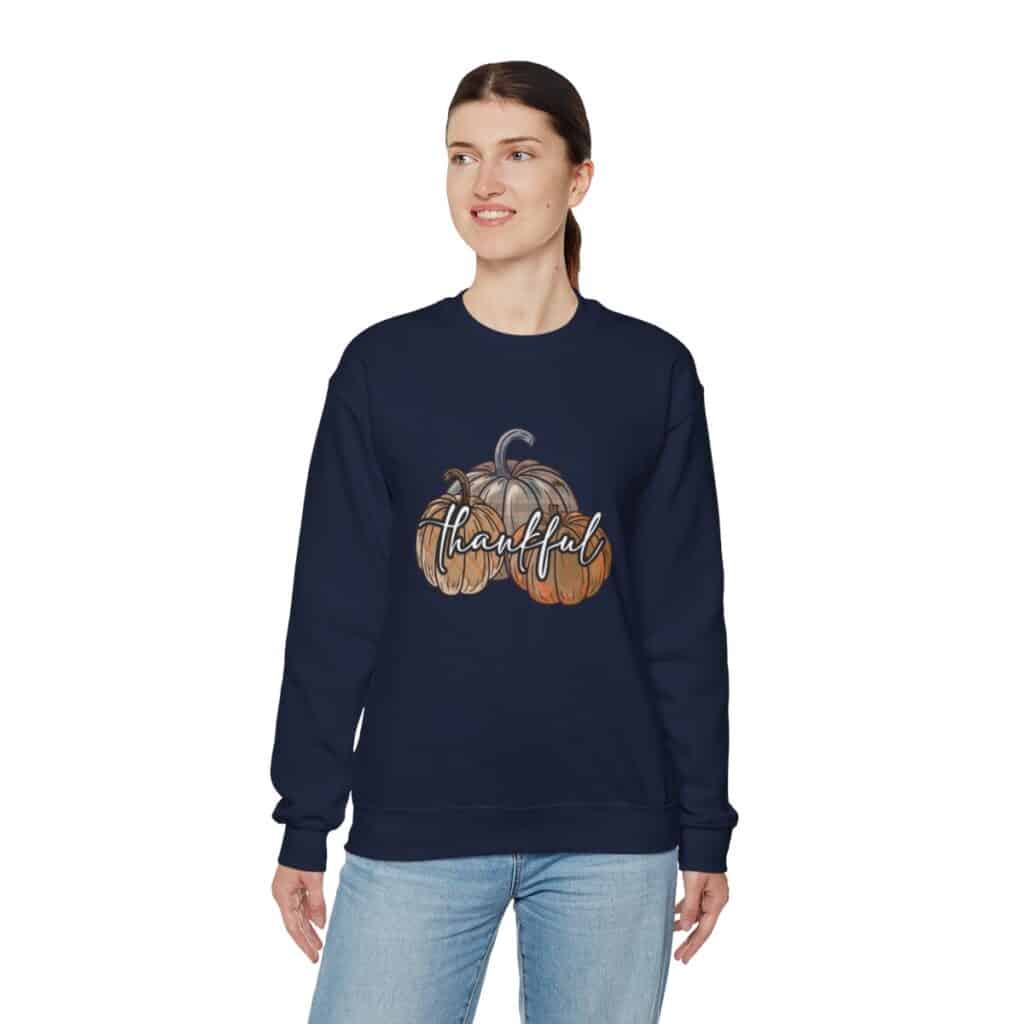 Vintage Pumpkins and Thankful Script Thanksgiving Sweatshirt for Her