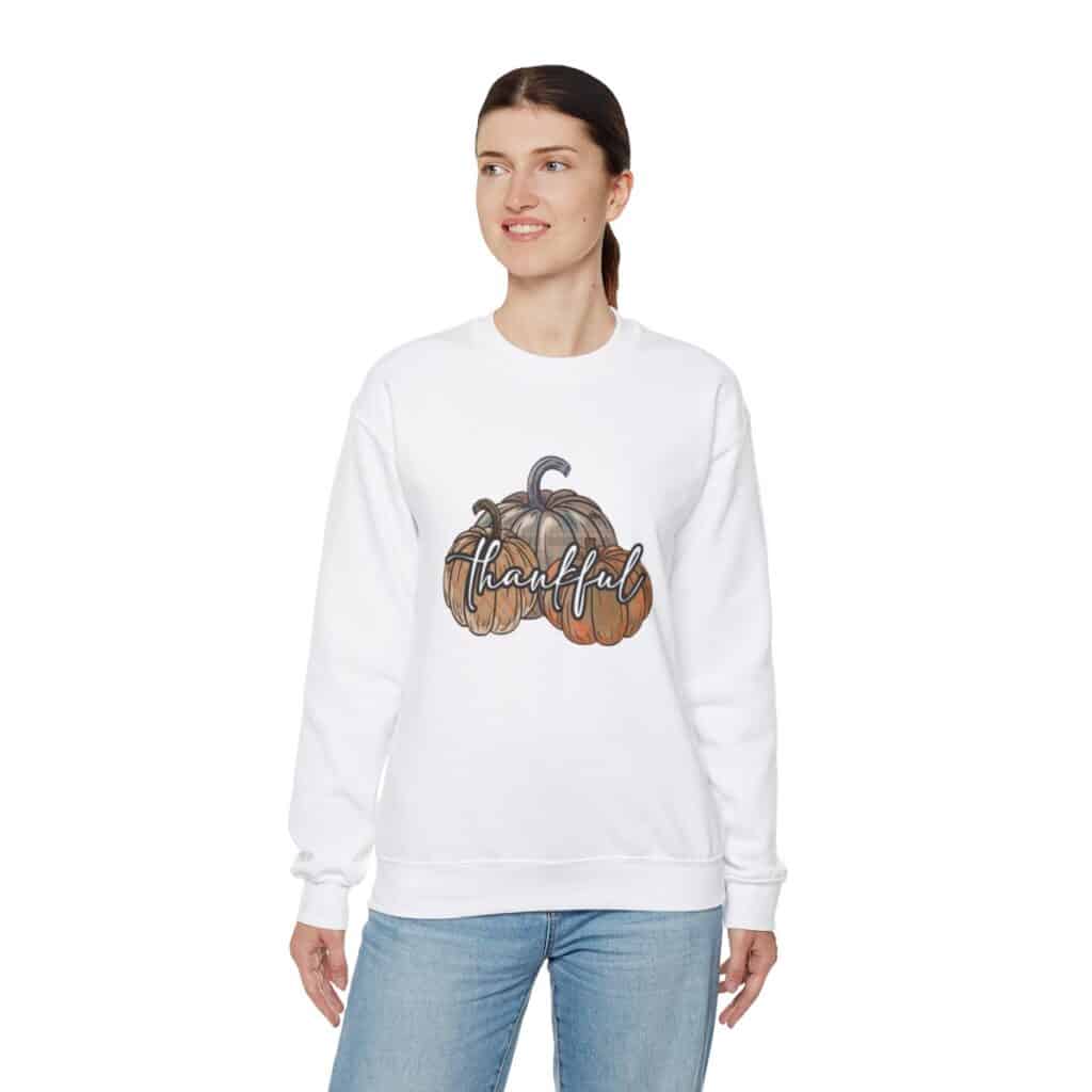 Vintage Pumpkins and Thankful Script Thanksgiving Sweatshirt for Her