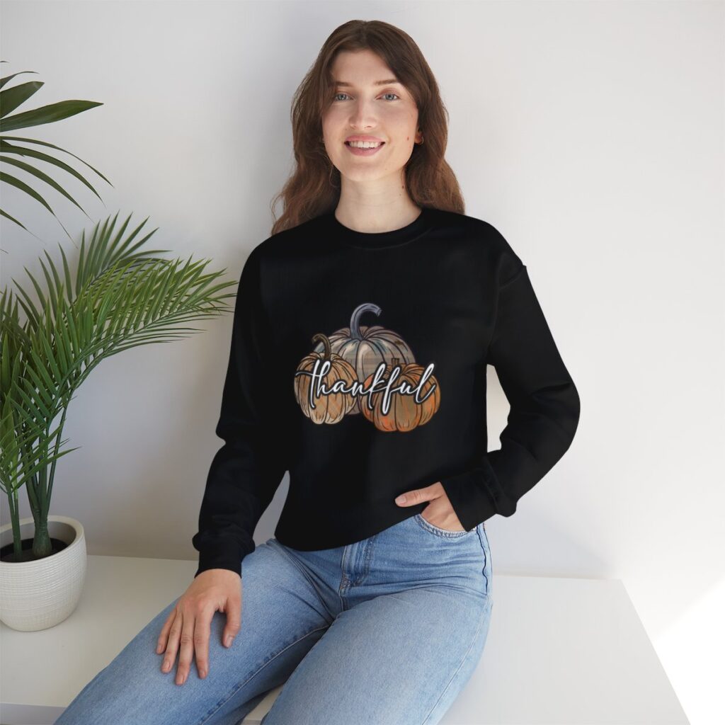 Vintage Pumpkins and Thankful Script Thanksgiving Sweatshirt for Her