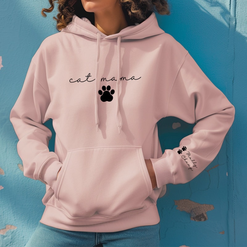 Personalised Cat Mama Hoodie with Cat Names on Sleeve