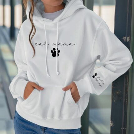 Personalised Cat Mama Hoodie with Cat Names on Sleeve